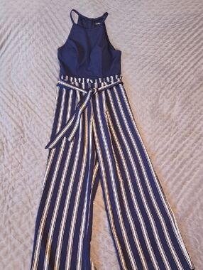 Speechless Navy, White & Yellow Striped Wide-Leg Jumpsuit with Belt